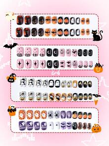 96pcs Y2K Style Halloween Cartoon Little Girl Press-On Artificial Nails, Full Coverage Short Kids Fake Nails Set, Girls Gift, Nail Art Decoration, Holiday Nail Set - Multicolor - View 3