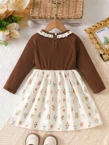 Young Girls Autumn/Winter 2 In 1 Ruffle Collar Floral Decor Knitted Patchwork Ditsy Floral Princess Dress - Khaki - View 2