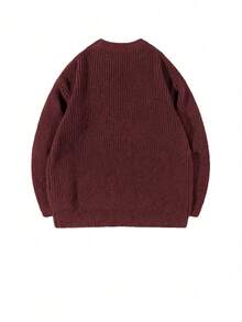 Lightweight Casual Textured Knit Sweater, Minimalist Design, Loose Fit Crew Neck Pullover For Unisex, Suitable For Autumn/Winter - Brown - View 3