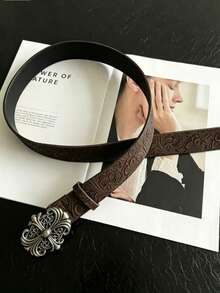 1pc Vintage Men's Belt, Bohemian Style - Fashionable Coffee Color Faux Leather Belt With Vintage Hollow Buckle - Unisex Personalized Fashion Belt, Punk Rock Y2K Style - Versatile For Jeans, Dresses And Casual Wear - Brown - View 4