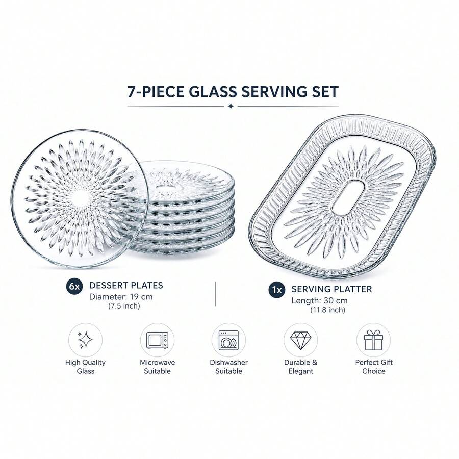 7-delars dessert- och serveringsset i glas – 6 * 19 cm tallrikar + 1 * 30 cm serveringsfat - Multifärgad - Visa 1
