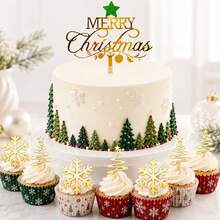 6Pcs/12Pcs/13Pcs/Set Merry Christmas Acrylic Cake Topper Set Gold Xmas Tree Snowflake Cupcake Toppers Winter Holiday Family Party Cake Dessert Decoration Supplies - Multicolor - View 3