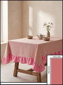 1pc White Base Red Striped Pink Ruffle Edge Tablecloth, Fresh Natural Style Fabric Rectangular Pink Ruffle Edge Patchwork Detail Decorative Functional Dining Tablecloth Suitable For Daily Home Dining And Fresh Home Decor Scenes - Red - View 20