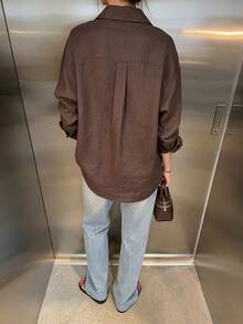 Women's Casual Coffee Brown Loose Oversized Drop Shoulder Long Sleeve Shirt Collar Top, All Seasons - Coffee Brown - View 2