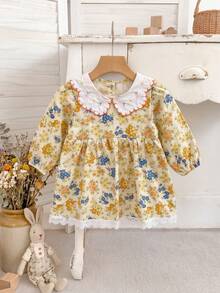Girls' Spring/Autumn New Ditsy Floral Dress, Yellow & Blue Embroidered Peter Pan Collar Lace Trim Long Sleeve Princess Dress - Yellow - View 4