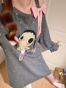 Bow Cold Shoulder Cartoon Cute Print Long Comfortable Soft Women's Nightgown - Dark Grey - View 4