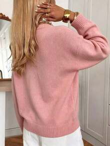 Elegant Cute Heart Pattern Design Long Sleeve Pullover Sweater, Autumn/Winter Minimalist Sweet Style Loose Versatile Knit Top For Women, Valentine's Day - Pink - View 3