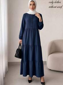 Women's Round Neck Half-Button Front Long Puff Sleeve Tiered Dress, Solid Navy Blue Loose Flowy Casual Dress, Autumn/Winter Daily Wear Fall - Navy Blue - View 2