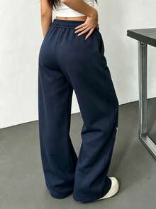 Navy Blue Star Patchwork Wide Leg Sweatpants, Letter Embroidery Drawstring Elastic Waist Loose Street Style Sports Pants - Navy Blue - View 5