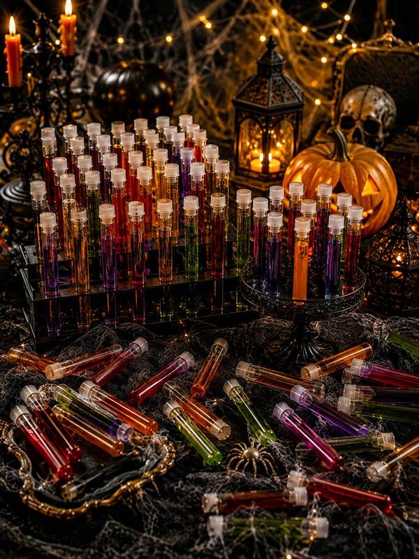 Halloween Party Individual Small Bottles With Lids, Transparent Bottles For Making Realistic Fake Blood, Halloween Party Decoration Props, Vintage Gothic Party Decoration Props, Scary Vampire Party Supplies