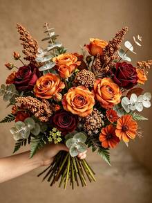 Artificial Flower Bouquet, Including Roses, Daisies, Double-Petal Flowers And Eucalyptus Leaves; Premium Mixed Floral Arrangement, Suitable For Home Decor, Holiday Decoration, Photography Props, Gift Decoration, Autumn Styling And Wedding Display. - Multicolor - View 4
