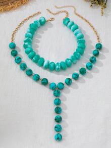 OABE Autumn Outfit 2pcs/Set Bohemian Style Vintage Mint Green Mixed Beaded Necklace Set Includes 1 Choker Necklace And 1 Y-Shaped Necklace Suitable For Women's Daily Wear - Multicolor - View 6