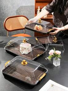Walnut Wood Grain Tray With Cake Cover, Thickened PET Rectangular Tray With Handle And Cake Dome, Plastic Storage Tray, Suitable For Tea Cups, Water Cups, Snacks, Dried Fruits, Fruits Storage Tray, Serving Tray - Wood Grain - View 6