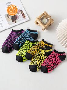 6/12/20/30 Pairs Women's Random Color Leopard Print Low-Cut Cute Short Socks, Fashionable Versatile, Minimalist Comfortable, Soft Breathable, Suitable For Daily Wear - Multicolor - View 13