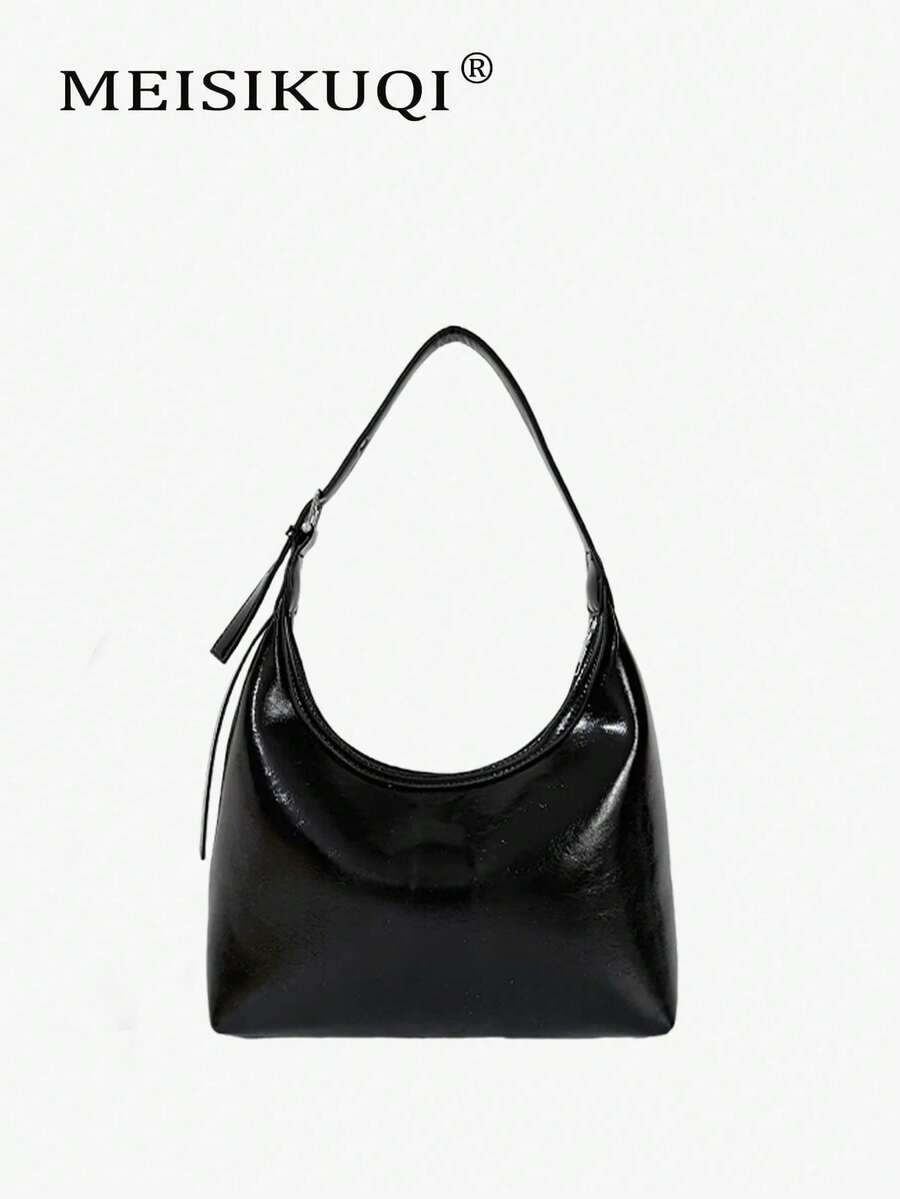 Bright Surface Underarm Bag Simple Crescent Moon Bag Adjustable Shoulder Strap Design High-End Feeling Commuting Versatile Women's Shoulder Bag - Black - View 1