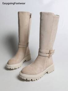Beige Double Buckle Thick Sole Side Zipper Autumn/Winter Versatile Non-Slip Chunky Heel Tall Boots - Beige - View 7