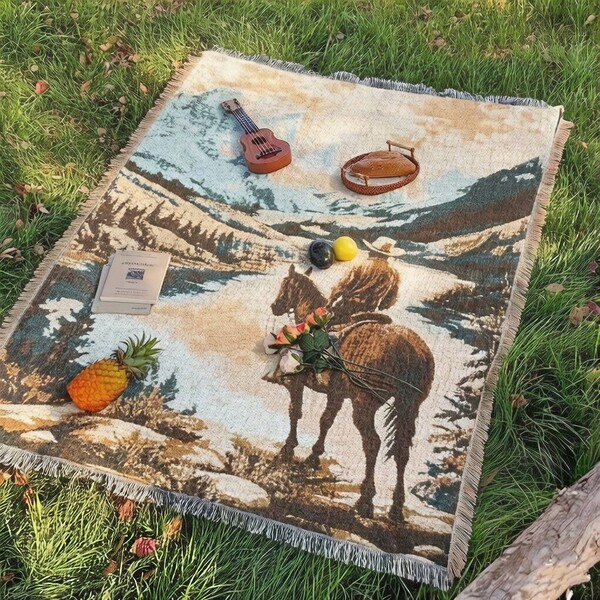 Tasseled Woven Versatile Camping Blanket - Western Cowboy Pattern, Soft & Breathable, Suitable For Travel, Camping, Lawn, Wedding Or Concert. Washable Boho Indoor Decor, Can Be Used As Bed Throw, Sofa Cover, Tablecloth, Wall Hanging