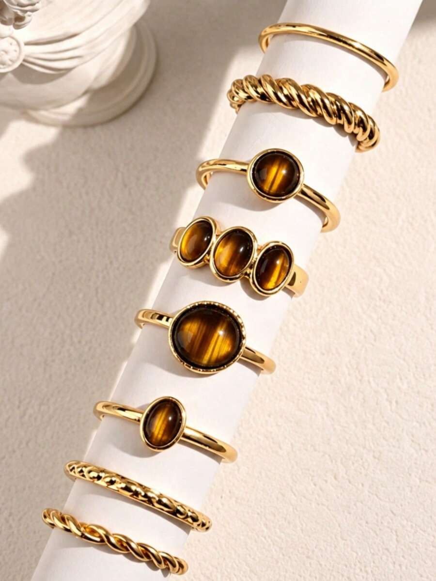 8pcs/Set Vintage Rugged Tiger Eye Stone Rings, Minimalist Design, Suitable For Party, Gift For Friends And Family, Daily Wear - Yellow Gold - View 1