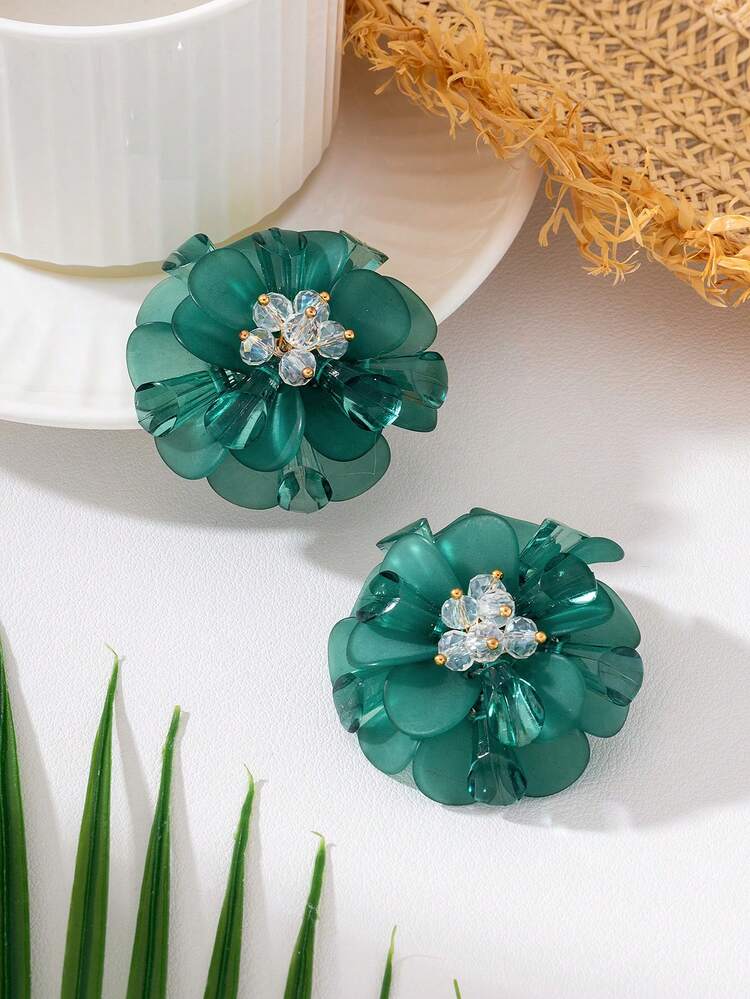 1 đôi bông tai nụ nữ phong cách Hàn Quốc dễ thương, nhẹ nhàng, màu xanh tươi mát, hình hoa 3D, cho mùa hè và đi biển nghỉ dưỡng - màu xanh lá - Xem 2