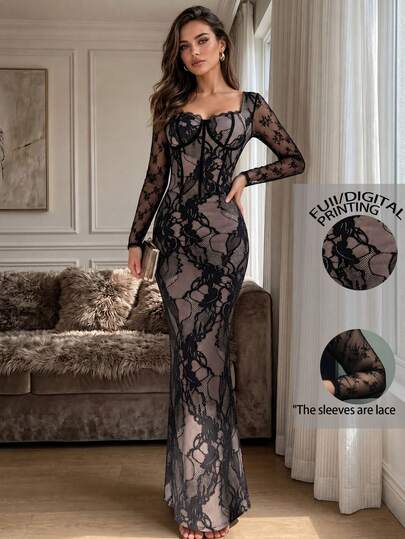 Elegant Black Lace Long Sleeve Fitted Dress, Vintage Romantic Sexy, Lace Patchwork Design, Suitable For Formal Dinner, Party, Wedding Guest And Date