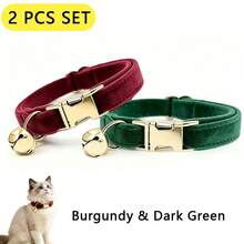 2pcs Burgundy + Dark Green Soft Velvet Cat Collar With Gold Bell Metal Buckle, Adjustable Size Comfortable Wear, Universal For Cats And Small Dogs Pet Neck Collar Accessory, Christmas, Oktoberfest - Burgundy & Dark Green - View 8