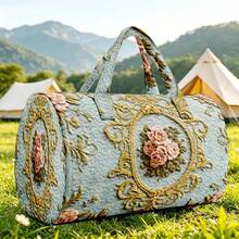 1pc Light Gray-Blue Quilted Cylinder Handbag With Baroque Rose Gold Pattern, Women's Halloween Thanksgiving Christmas Gift - Multicolor - View 7
