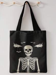 1pc One‑Eyed Skeleton Print Shoulder Tote,Large Capacity For Books,Groceries&Daily Beach Travel School Use.For Students&Women,Great Daily Bag Or Gift - Multicolor - View 8