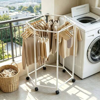 Polygonal Double‑Tier Freestanding Garment Rack, Thickened Reinforced Metal Vertical Clothes Storage & Drying Shelf For Home, Dormitory & Balcony