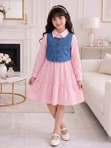 Vihyde Tween Girls Back‑To‑School 2‑Piece Outfit, Striped Long‑Sleeve Shirt Dress & Denim Vest Fall Winter Set - Pink - View 1