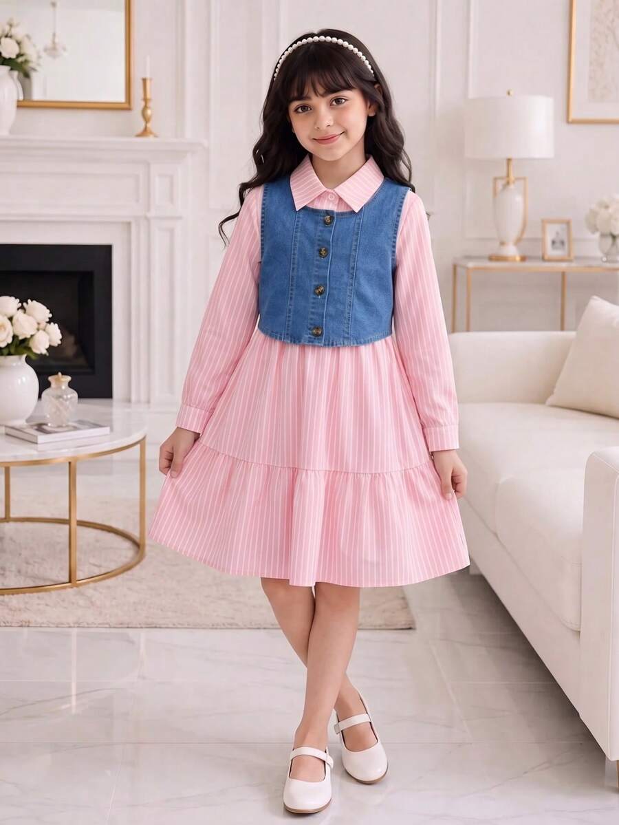 Vihyde Tween Girls Back‑To‑School 2‑Piece Outfit, Striped Long‑Sleeve Shirt Dress & Denim Vest Fall Winter Set - Pink - View 1