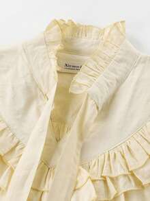 Elegant French-Style Blouse With Ruffle Trim, Ribbon Bow, Lantern Sleeves, Korean-Inspired Shirt For Early Spring, Travel, Casual And Vacation - Apricot - View 3