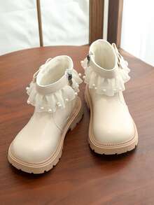 Girls' White Ankle Boots, College Style, Mesh Frill Trim With Pearl Bow, Side Zipper For Easy On/Off, Thick Textured Non-Slip Sole, Versatile Kids' Shoes For School Uniforms In Autumn/Winter - White - View 5