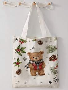 1pc Little Bear Print Canvas Tote Bag, Large Capacity Hand‑Held Shoulder Bag,Reusable Shopping Bag For Music Festival Party Daily Packing Books - Multicolor - View 13