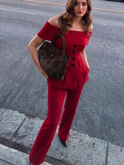 Standard Size Women's Spring/Autumn Red Off-Shoulder Blazer 2-Piece Set, Folded Off-Shoulder Design, Front Button-Down Waist-Cinching Blazer Top, High-Waist Draped Flared Pants, Spring/Summer/Autumn, Wedding Guest, Birthday Party, Holiday Party, Award Ceremony, Bridesmaid Gathering, Matching Outfit, Office Commute, Casual Wear, Formal Social Occasions, Urban Chic Workplace Attire, Formal Suit Set, Fashionable High-End Sexy Dating, Flattering Slimming Red Off-Shoulder Waist-Cinching Blazer Flared Pants 2-Piece Set, Women's Suit Set