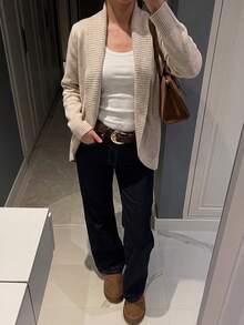 Early Fall Old Money Shawl Collar Knit Cardigan, Women Open Front Long Sleeve Relax Fit Sweater - Apricot - View 8