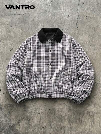Jaket Pria Motif Kotak-kotak Warna Blok Korduroi dengan Kerah Lipat, Jaket Kasual Longgar Kancing Jepret Gaya Vintage, Jaket Kerja Kasual Retro Amerika Musim Semi/Gugur