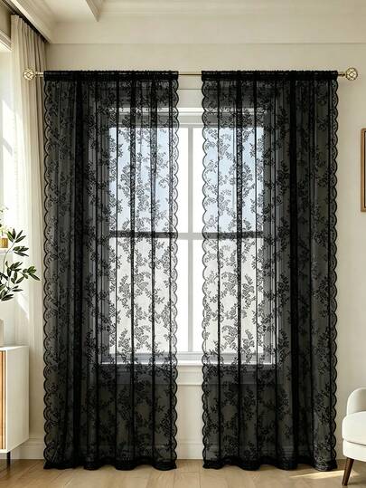 1PC Solid Color Ditsy Floral Lace Sheer Curtain, Semi-Transparent Window Sheer - Protects Privacy, American Style Transparent Knitted Curtain Suitable For Living Room, Bedroom, Kitchen, Bathroom, Home Decor, Outdoor Decor, Room Decor, Thin French Country Solid Color Lace Floral Curtain, Lace Edge Light-Transmitting Sheer Curtain, Exquisite Home Warm Sheer Curtain