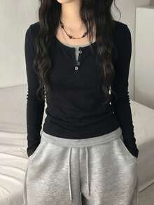 Women's 2-In-1 Patchwork Casual Versatile Long Sleeve T-Shirt, Daily Wear, Black - Black - View 5