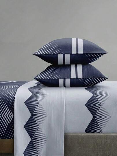 4-Piece Geometric White Heart Pattern Bedding Set, Easy Care Soft Bedding, Floral Fitted Sheet Set (1 Flat Sheet + 1 Fitted Sheet + 2 Pillowcases), Large/Queen/Full/Double Size, Deep Pocket Up To 11.8 Inches Pillowcases, Back To School Dorm Bedding