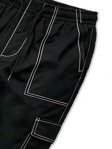 Men's Contrast Stitching Cargo Pants, Elastic Drawstring Waist, Multi-Pockets, Straight Leg, Black Casual Long Pants, Sports Autumn Style - Black - View 8