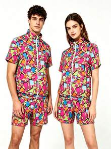 2pcs Set (T-Shirt + Shorts), Excluding Fashion Glasses, 80s Disco Style Sports Tee And Shorts, Retro Jogging Outfit - Hot Pink - View 1