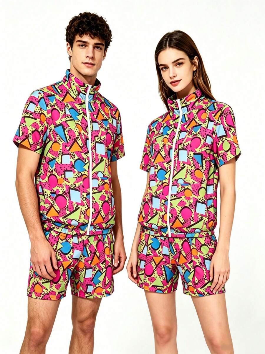2pcs Set (T-Shirt + Shorts), Excluding Fashion Glasses, 80s Disco Style Sports Tee And Shorts, Retro Jogging Outfit - Hot Pink - View 1