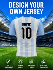 1pc Argentina Theme Football T-Shirt: White & Blue, Custom Service - Add Your Name, Favorite Number & Unique Design Elements. Best Gift. Sports - Blue and White - View 3