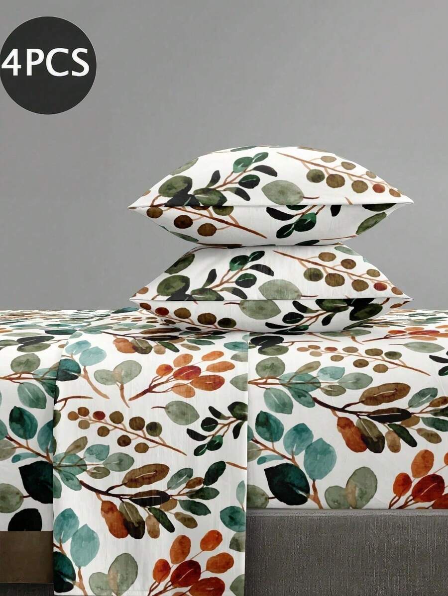 4-Piece Plant Leaf & Floral Pattern Bedding Set, Easy-Care Soft Bed Sheet Set, Floral Pattern Fitted Sheet Set (1 Flat Sheet + 1 Fitted Sheet + 2 Pillowcases), Garden Floral Fitted Sheet Set, Multiple Sizes Available, Deep Pocket Design, Pillowcases Up To 11.8 Inches, Soft & Breathable - Multicolor - View 1