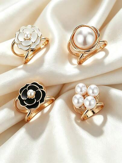 4 Buah Klip Cincin Syal, Desain Bunga Camellia dengan Rhinestone dan Mutiara, Klip Dasi Kemeja untuk Wanita, Aksesori Pakaian Kemeja