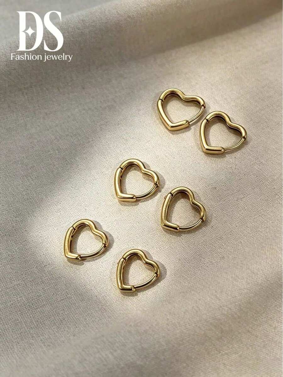 6件組歐美時尚心形耳環套組，銅材質女款珠寶，簡約環狀耳環，四季休閒日常配戴