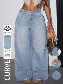Plus Size Women Casual Loose Straight Leg Jeans With Pockets Spring Fall - Light Wash - View 2