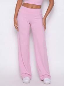 Never me Women's High Waist Straight Leg Wide Leg Yoga Pilates Sports Pants For Daily Commute - Pink - View 4