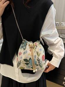 Shoulder Bag With Colorful Floral Pattern, Bucket Bag With Adjustable Metal Chain For Shoulder And Crossbody Use, Drawstring Closure, Interior Space For Makeup And Small Items, Suitable For Daily Outings, Shopping, Commuting And Travel - Green - View 6