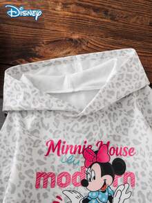 Disney Girls Autumn Cartoon Minnie Letter Print Hooded Leopard Print Long Sleeve Sweatshirt Children Outdoor Casual Street Style Spring Outfit - Beige - View 4